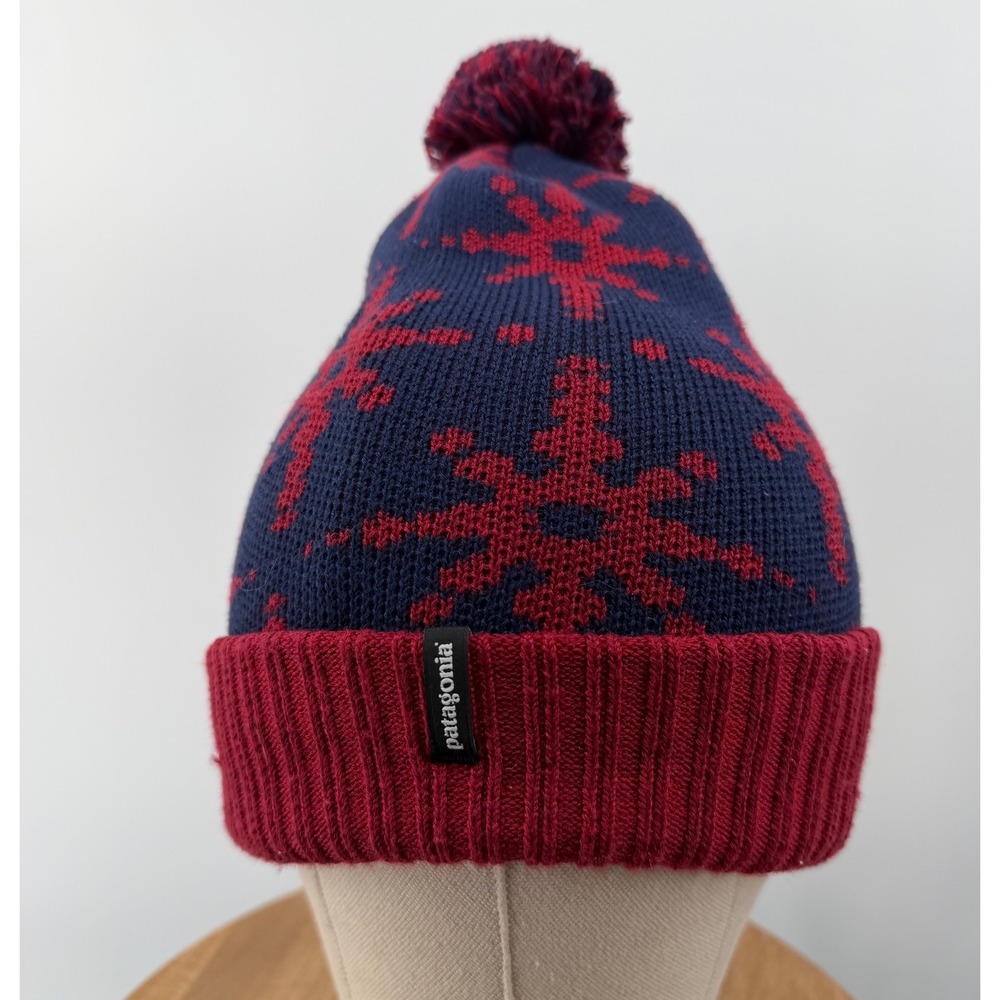 Patagonia Snowflake Pom Pom Beanie Hat Navy Red Winter Ski Snowboard